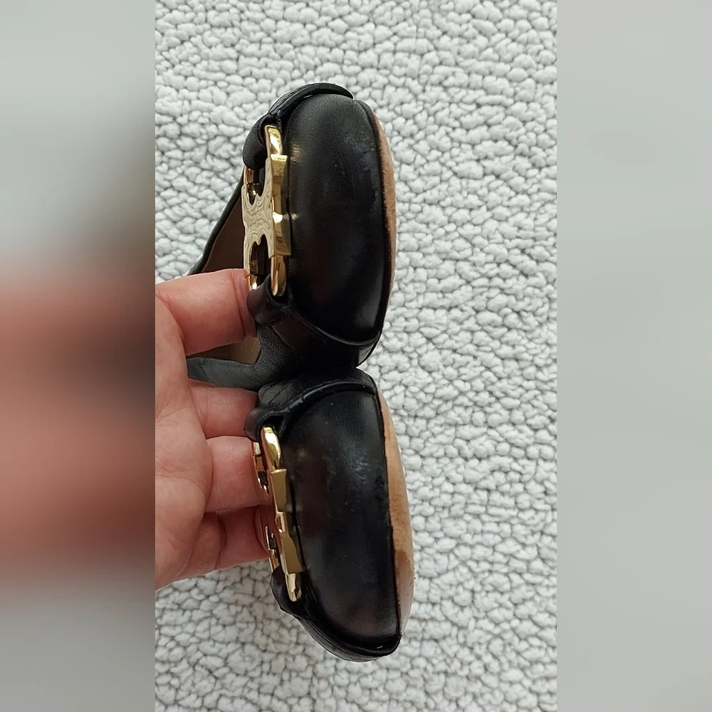 Tory Burch Black Leather Ballet Flats with Gold Logo Accent
